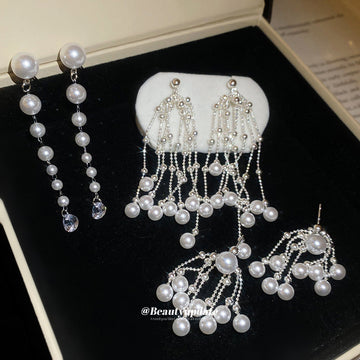 Silver Tone Pearl Tassel Statement Drop Earrings Fashion Jewelry