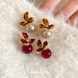 Gold-Tone Enamel Flower Stud Earrings with Pearl or Berry Drop