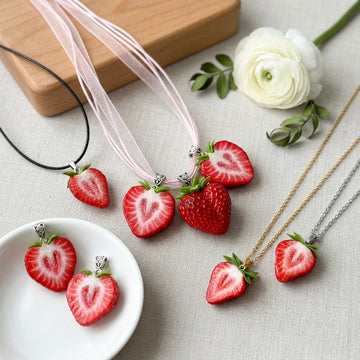 Red Strawberry Pendant Necklace With Green Leaf Details