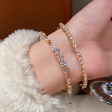 Gold Open Cuff Bracelet Square Baguette Clear Zircon Stones