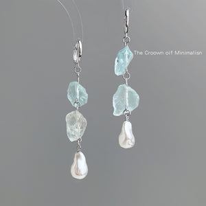 Silver Tone Blue Crystal And White Pearl Long Drop Earrings