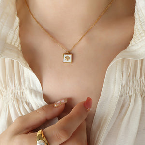 White Shell Camellia Square Pendant Necklace Stud Earrings Set