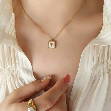 White Shell Camellia Square Pendant Necklace Stud Earrings Set