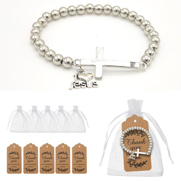 Silver Bead Cross I Love Jesus Stretch Bracelet Charm