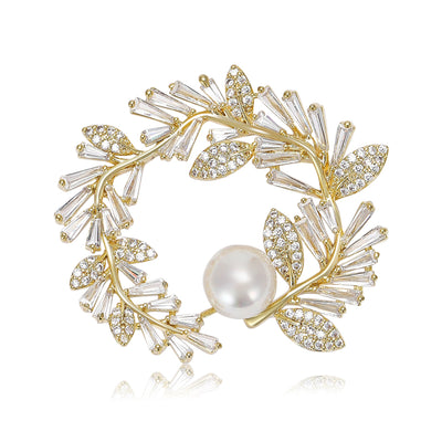 Gold crystal leaf wreath brooch pearl accent front
