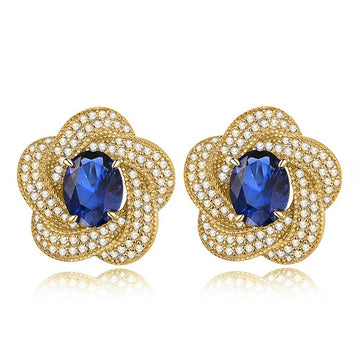 Gold Tone Blue Crystal Flower Stud Earrings Polished Metal Jewelry