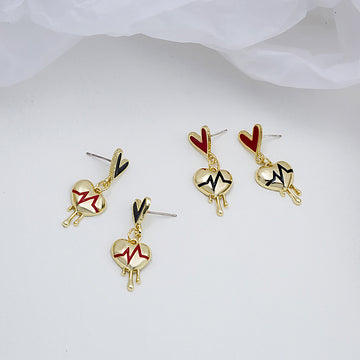 Gold Heart ECG Drop Earrings with Enamel Tops and Drips