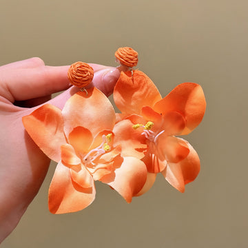 Orange Orchid Statement Stud Earrings with Layered Petals