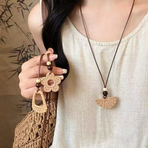 Long Brown Cord Necklace with Woven Fan, Flower, or Frame Pendant