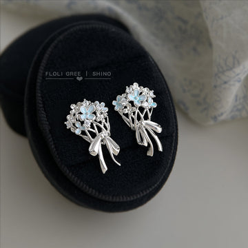 Silver-Tone Flower Bouquet Bow Stud Earrings Blue Enamel