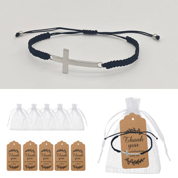 Black Braided Cord Adjustable Silver Bar Cross Bracelet