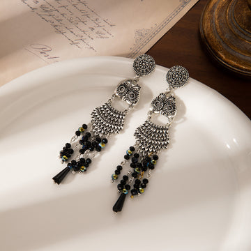 Silver and Antique Gold Owl Bead Tassel Dangle Earrings