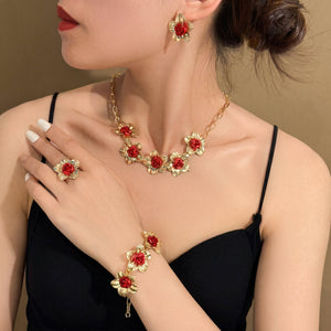 Gold Tone Rose Flower Jewelry Set, Necklace Bracelet Ring Earrings