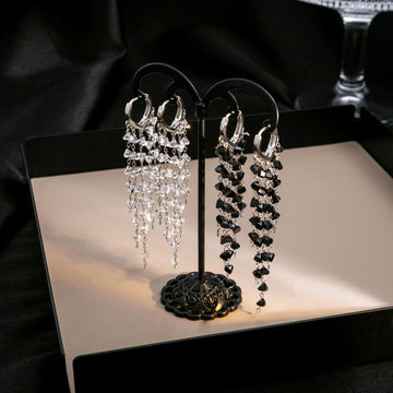 Black Crystal Tassel Huggie Earrings Silver Multi Strand
