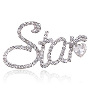 Crystal Star Script Brooch In Gold Or Silver Tone With Polished Metal Detail