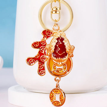 Gold Tone Fortune Toad and Red Plaque Character Keychain