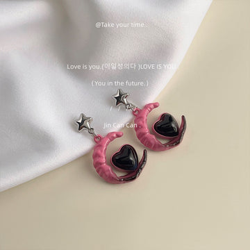 Pink Enamel Crescent Moon Black Heart Drop Star Stud Earrings