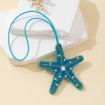 Rhinestone Beaded Starfish Pendant Necklace In Teal Blue