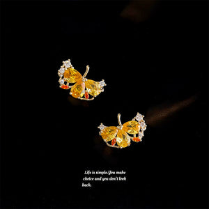 Yellow CZ Ginkgo Leaf Stud Earrings Gold-Tone Accents