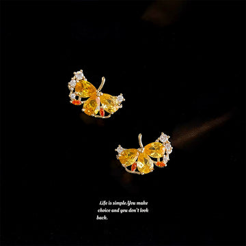 Yellow CZ Ginkgo Leaf Stud Earrings Gold-Tone Accents