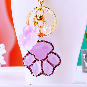 Crystal Cat Paw Keychains in Pink Purple Blue Green Yellow and Assorted Colors