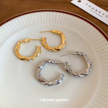 Textured Gold Tone C Hoop Stud Earrings with Crystal Accents