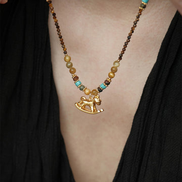 Brown Beaded Horse Pendant Necklace Statement Fashion Jewelry