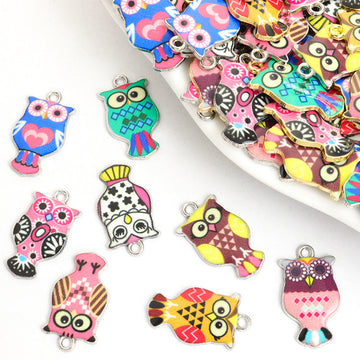 Colorful Patterned Owl Enamel Metal Charms, 16 Designs