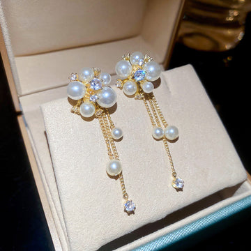 Gold Pearl Flower Tassel Earrings With Chain Drops