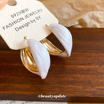 Cream Enamel Twisted Hoop Earrings with Gold Tone Edges