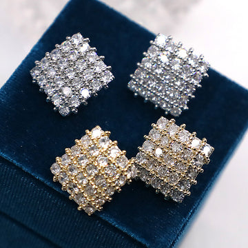 Square Round-Stone Cluster Stud Earrings In Gold And Silver Tones
