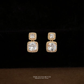 Gold Tone Double Square Clear Stone Drop Stud Earrings For Women