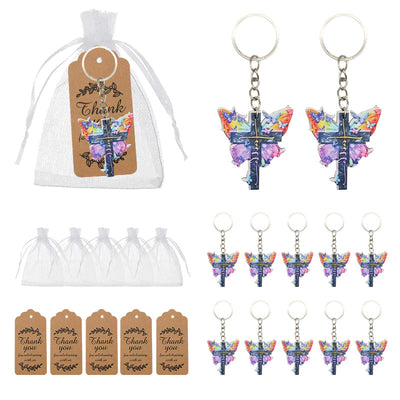 A product collage shows colorful butterfly cross keychains, white organza bags, and kraft thank-you tags.