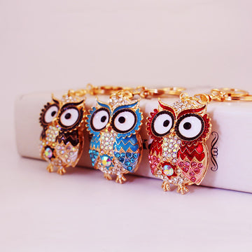 Owl Keychain With Faceted Stones, Split Ring And Lobster Clasp