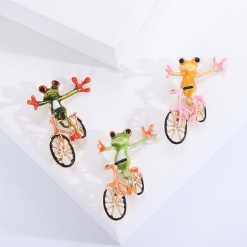Frog on Bicycle Brooch Orange Pink or Light Green Metal Pin Brooch