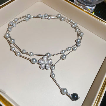 Gray Faux Pearl Floral Lariat Necklace in Two Layered Styles
