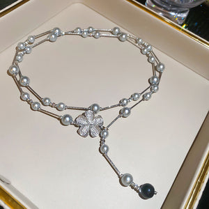 Gray Faux Pearl Floral Lariat Necklace in Two Layered Styles