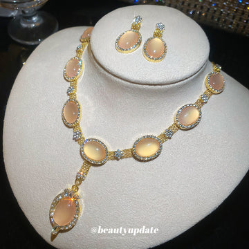 Gold Pink Cats Eye Oval Crystal Halo Necklace and Drop Earrings