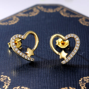 Gold Tone Open Heart Cat Stud Earrings With Clear Stones