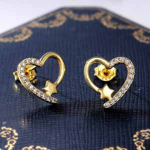 Gold Tone Open Heart Cat Stud Earrings With Clear Stones