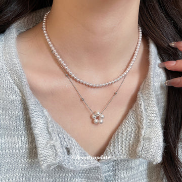 Layered Pearl Necklace With Delicate Chain And Flower Drop