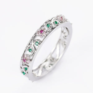 White Metal Pink Flower Green Accent Ring Hoop Earring Set Alloy