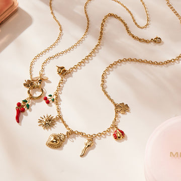 Gold Multi Charm OT Necklace Bee Chili Or Sacred Heart