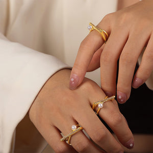 Gold Open Cross Bar Ring Imitation Pearl and Crystal Pavé