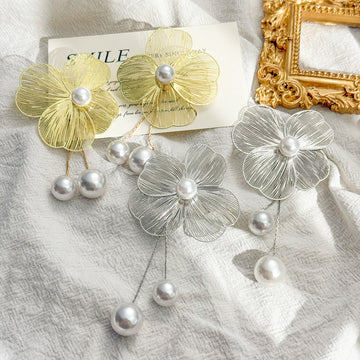 Gold and Silver Wire Flower Pearl Look Tassel Earrings