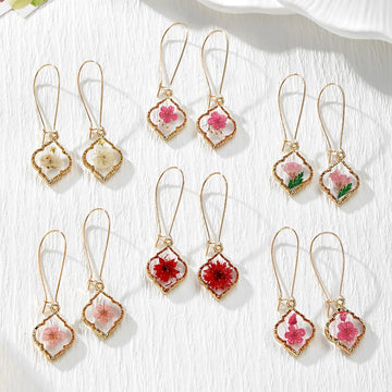 Gold Tone Quatrefoil Pressed Flower Drop Earrings in Six Designs
