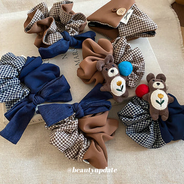 Fabric Gingham Scrunchie Denim Bow Bear Clip 5 Styles