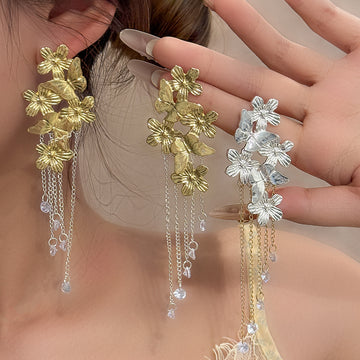 Gold and Silver Floral Branch Long Chain Tassel Stud Earrings