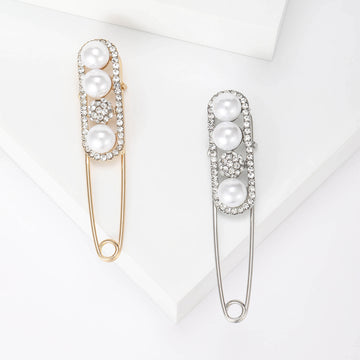 Oversized Safety Pin Brooch With Pearls and Crystals