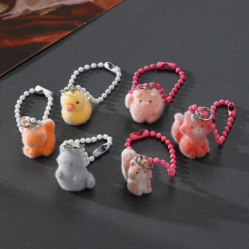 Flocked Mini Animal Keychains Bead Chain Six Styles